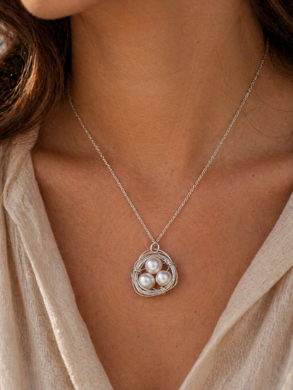 Silver Bird Nest Pearl Necklace, Three Pearl Nest Pendant, Minimalist Nature